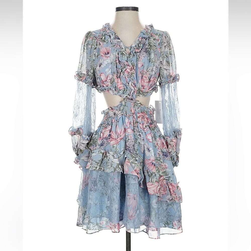 NWT RoseVelvet Blue Floral Tiered Ruffle Chiffon Cutout Long Sleeve Dress Small